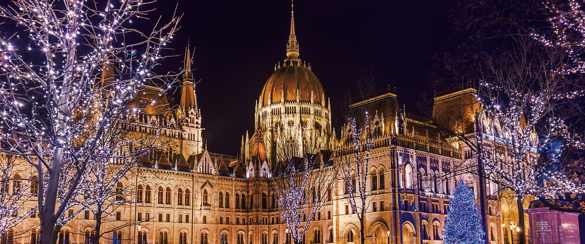 The Parliament Building in Budapest illuminated with Christmas lights